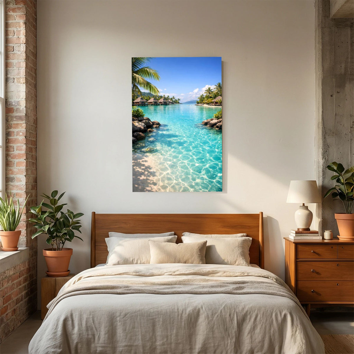 Hochformatiges Wandbild mit tropischer Lagune, türkisfarbenem Wasser, Palmen und Overwater-Bungalows