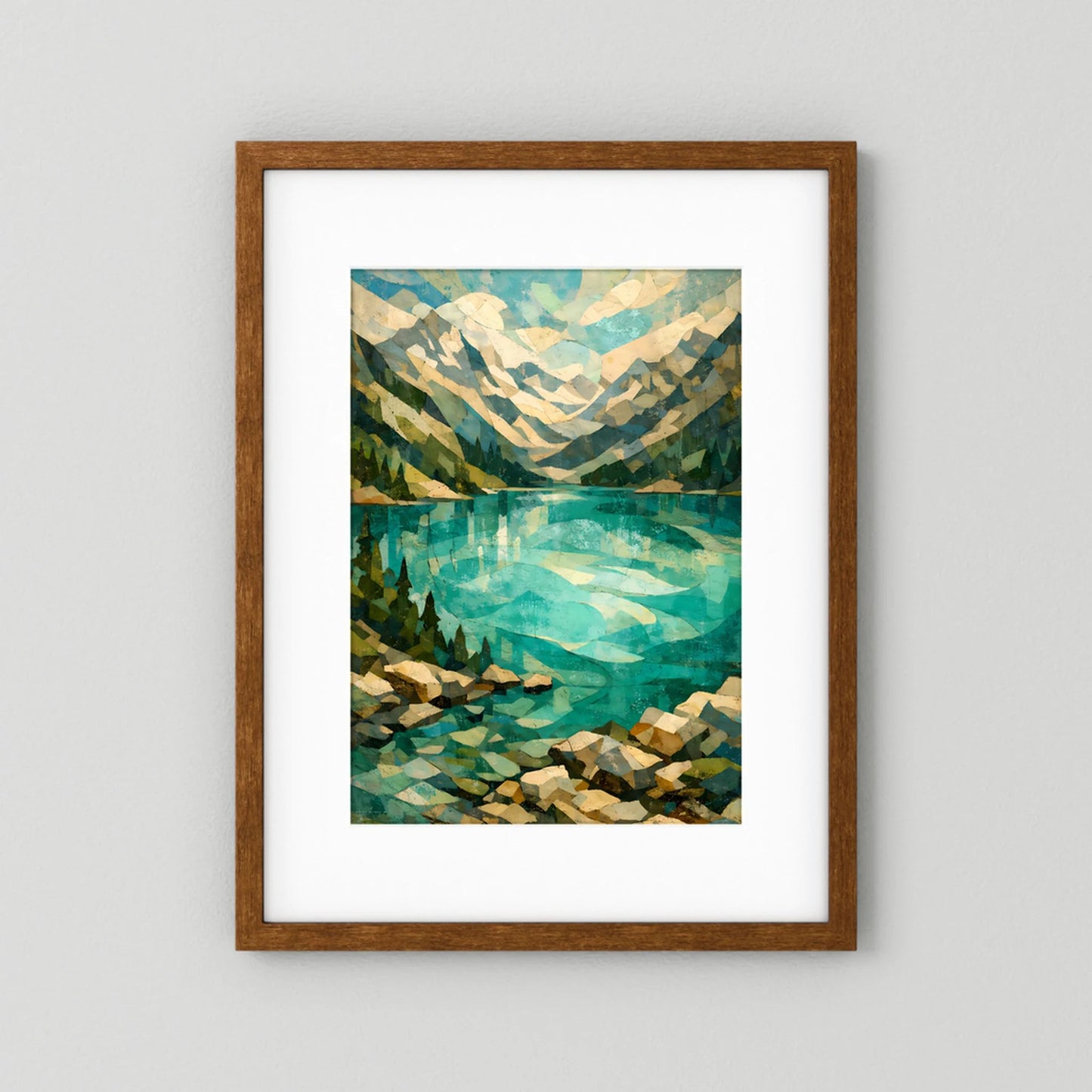 Kunstposter im Hochformat mit abstrakter Alpenlandschaft und türkisfarbener Spiegelung, dunkler Holzrahmen