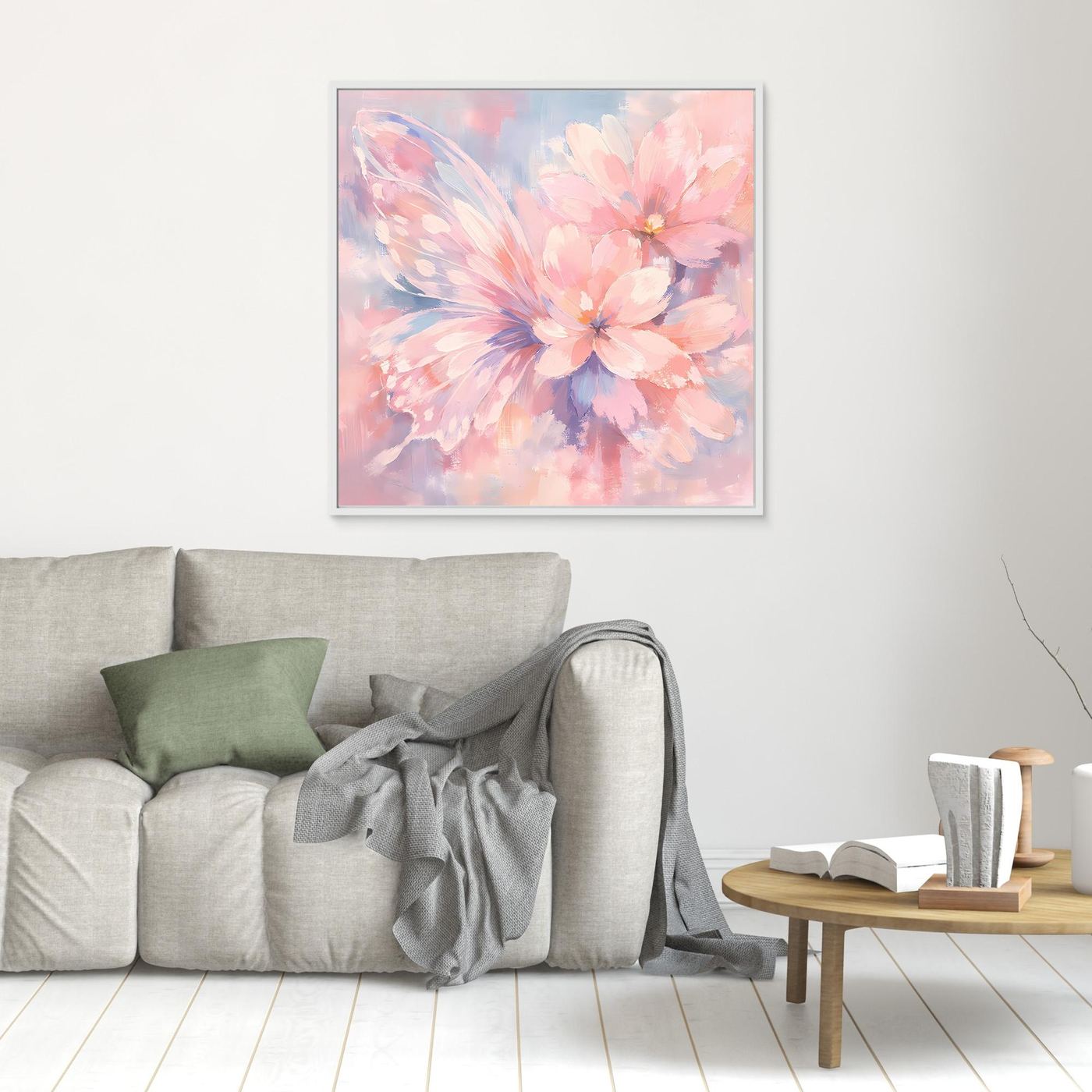 Gerahmtes Leinwandbild (silbern): pastellfarbene Schmetterlingsblüte in Rosa und Blau.