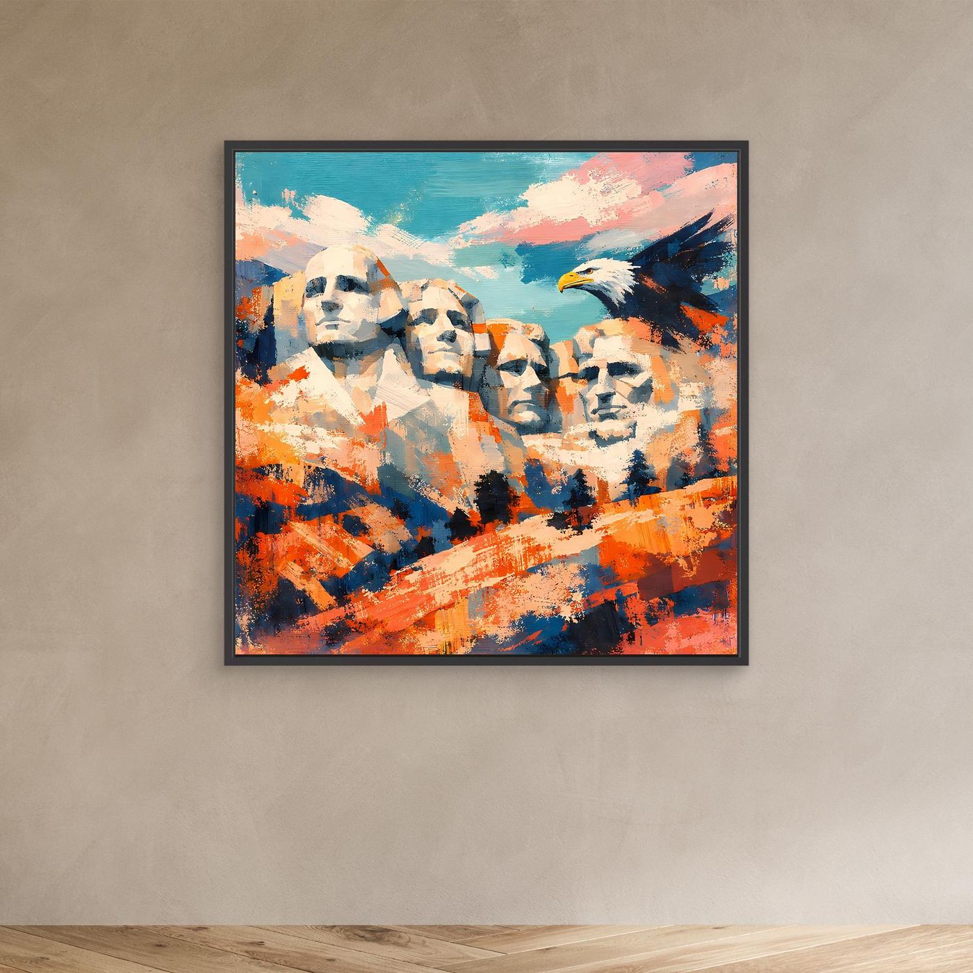 Abstraktes Leinwand-Wandbild mit schwarzem Rahmen: Adler neben stilisierten Gesichtern, kräftige Farben