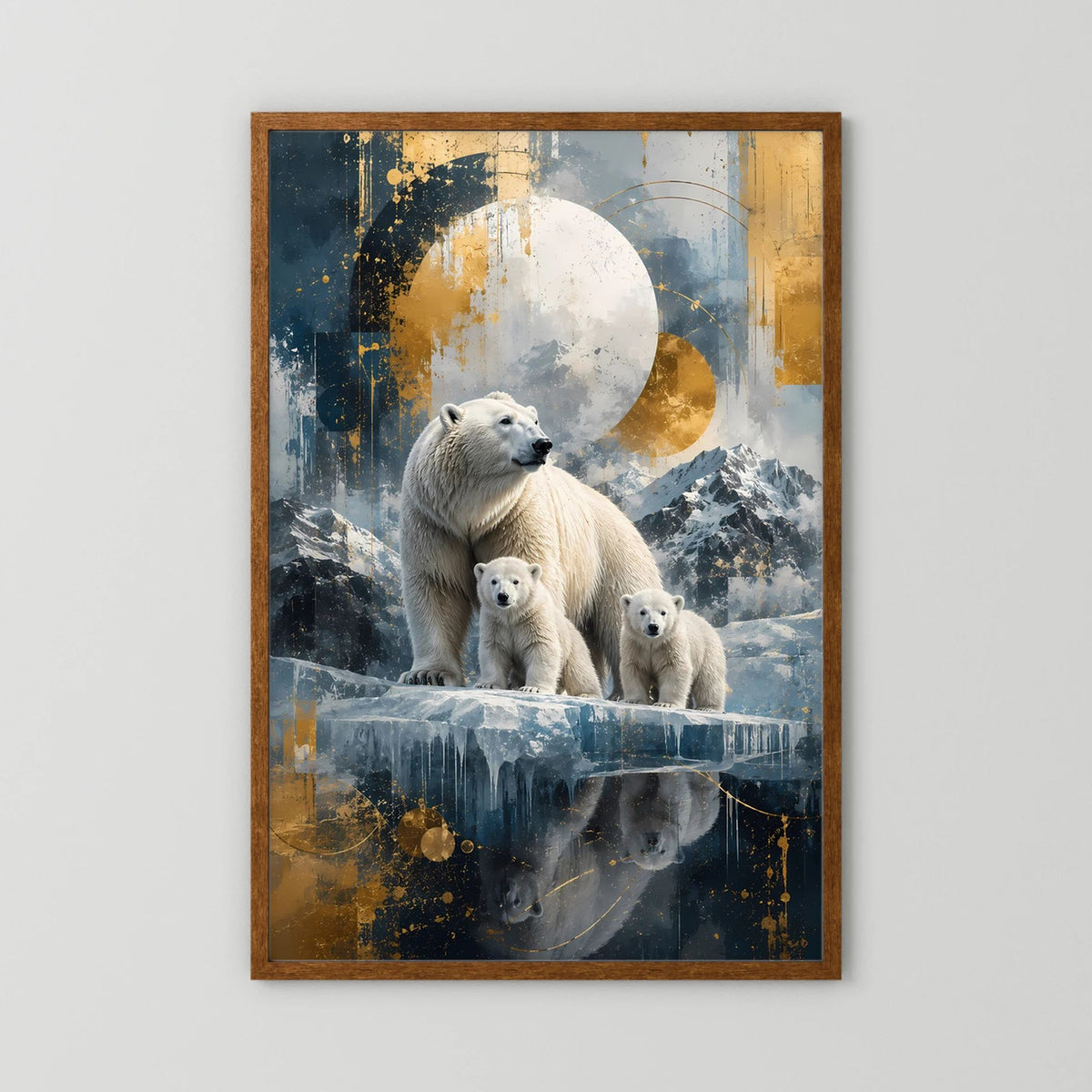Hochformatiges Wandposter mit Eisbären und Jungtier, Mond über Eis, Blau, Weiß, Gold, Holzrahmen