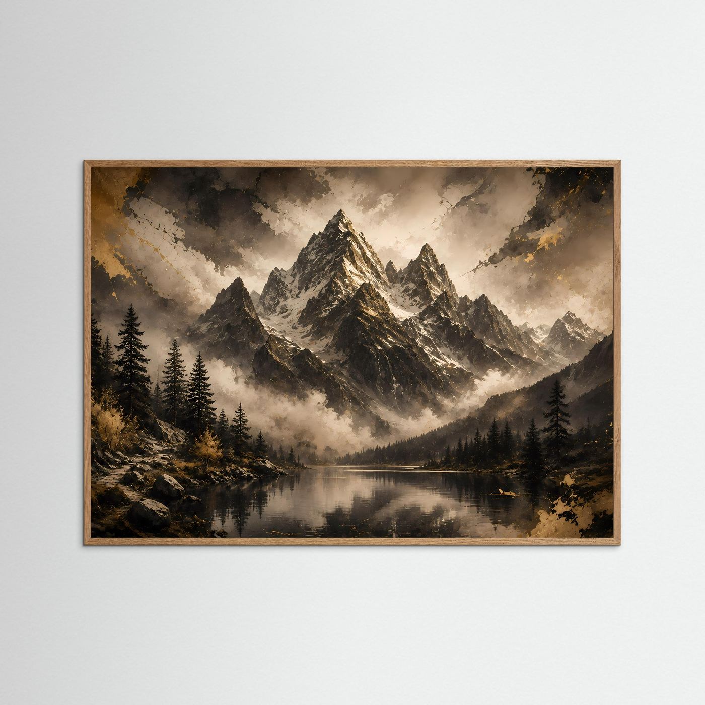 Postermotiv mit Bergpanorama, See und Nebel, naturfarbener Eichenrahmen