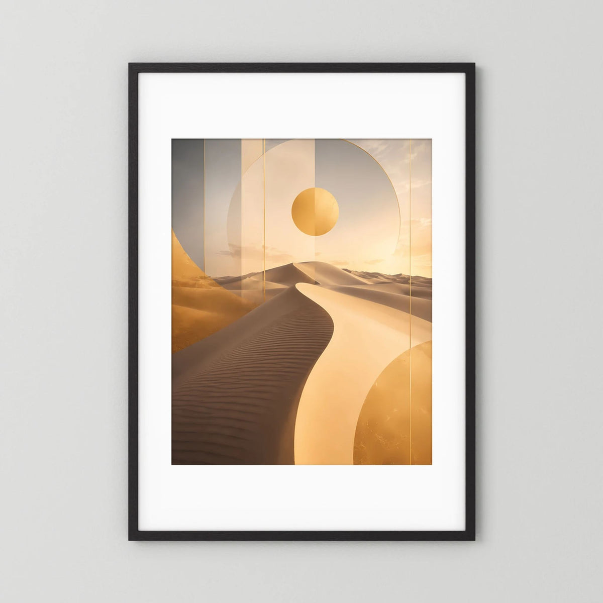 Poster mit abstrakten Dünen und goldener Sonne, schwarzer Rahmen mit weißem Rand