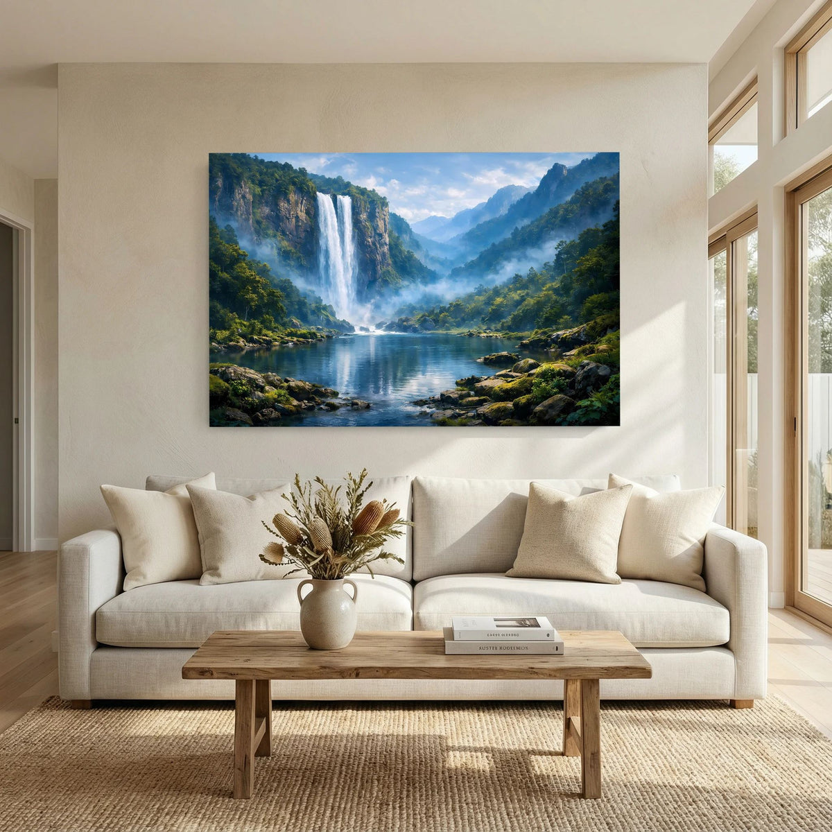Wandbild mit Wasserfall im Bergwald über See und Berge, über dem Sofa im Wohnzimmer