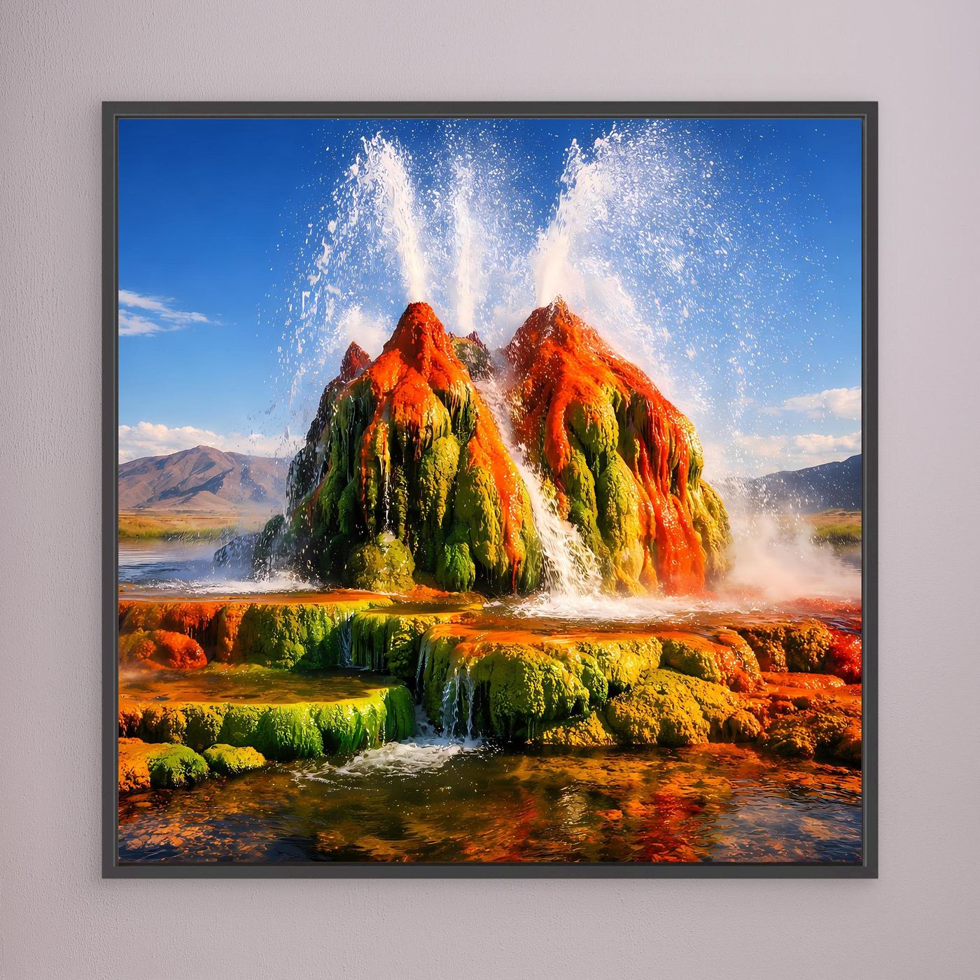 Gerahmtes Leinwandbild mit Geysir-Fontänen und farbiger Landschaft in Grün, Orange und Blau