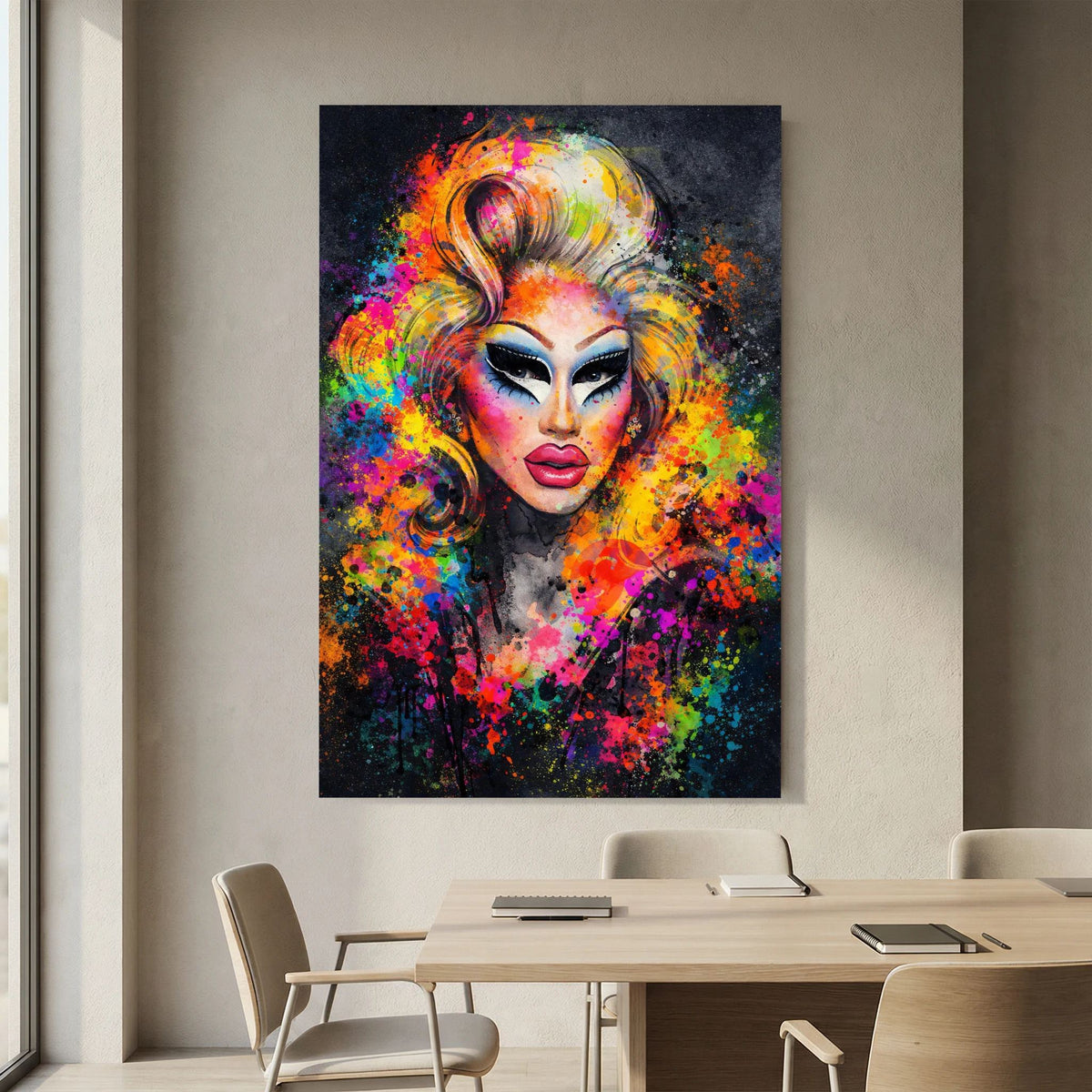 Poster im Hochformat mit abstraktem Drag-Queen-Porträt, bunte Farbwirbel.