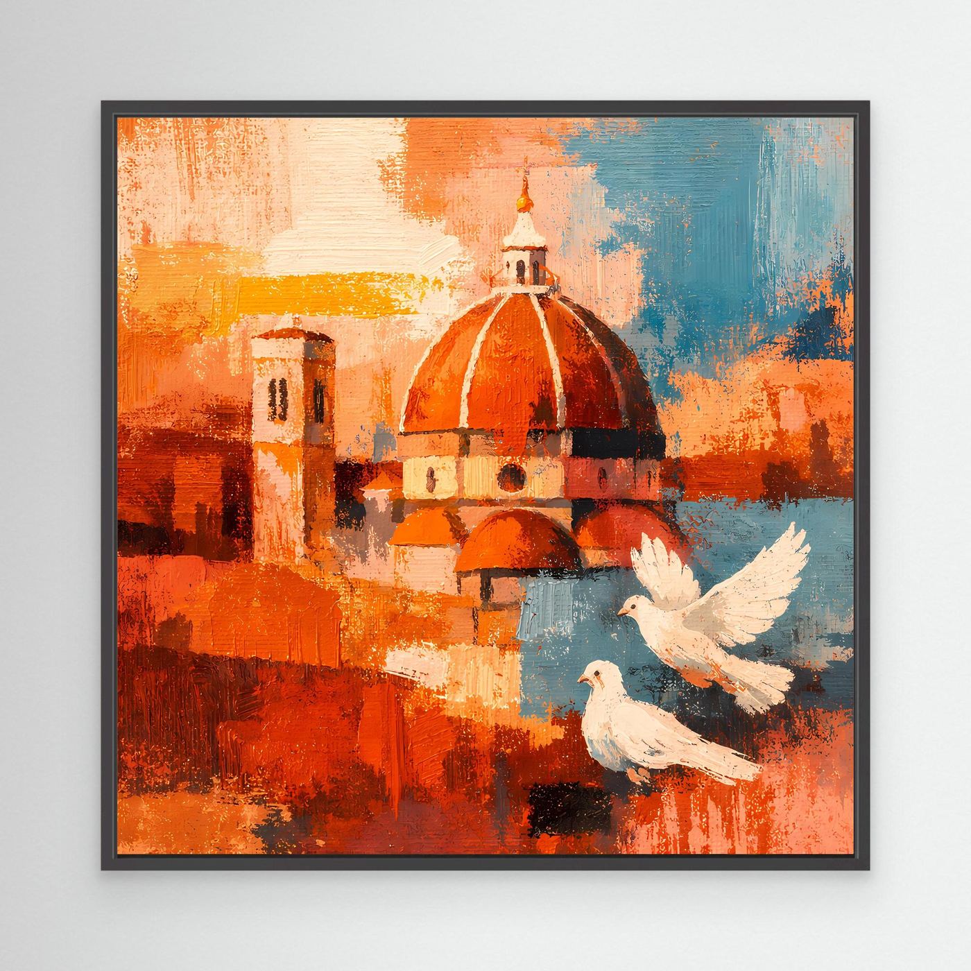Abstraktes Wandbild mit Florenz-Dom und weißen Tauben, Leinwand mit schwarzem Rahmen