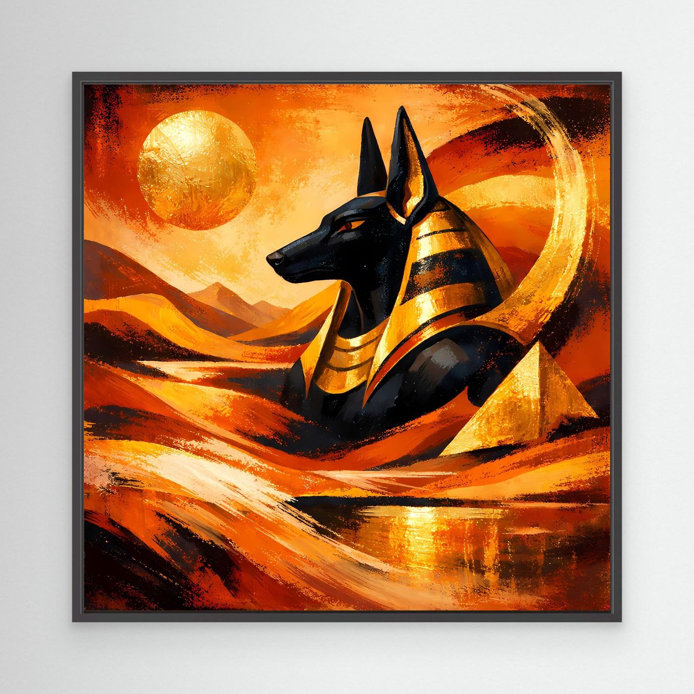 Leinwandbild mit schwarzem Anubis im Wüstenstil, mit schwarzem Rahmen, Gold und Orange