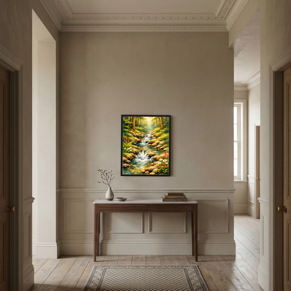 Gerahmtes Wasserfall-Wandposter mit Bach im Wald und blühenden Pflanzen