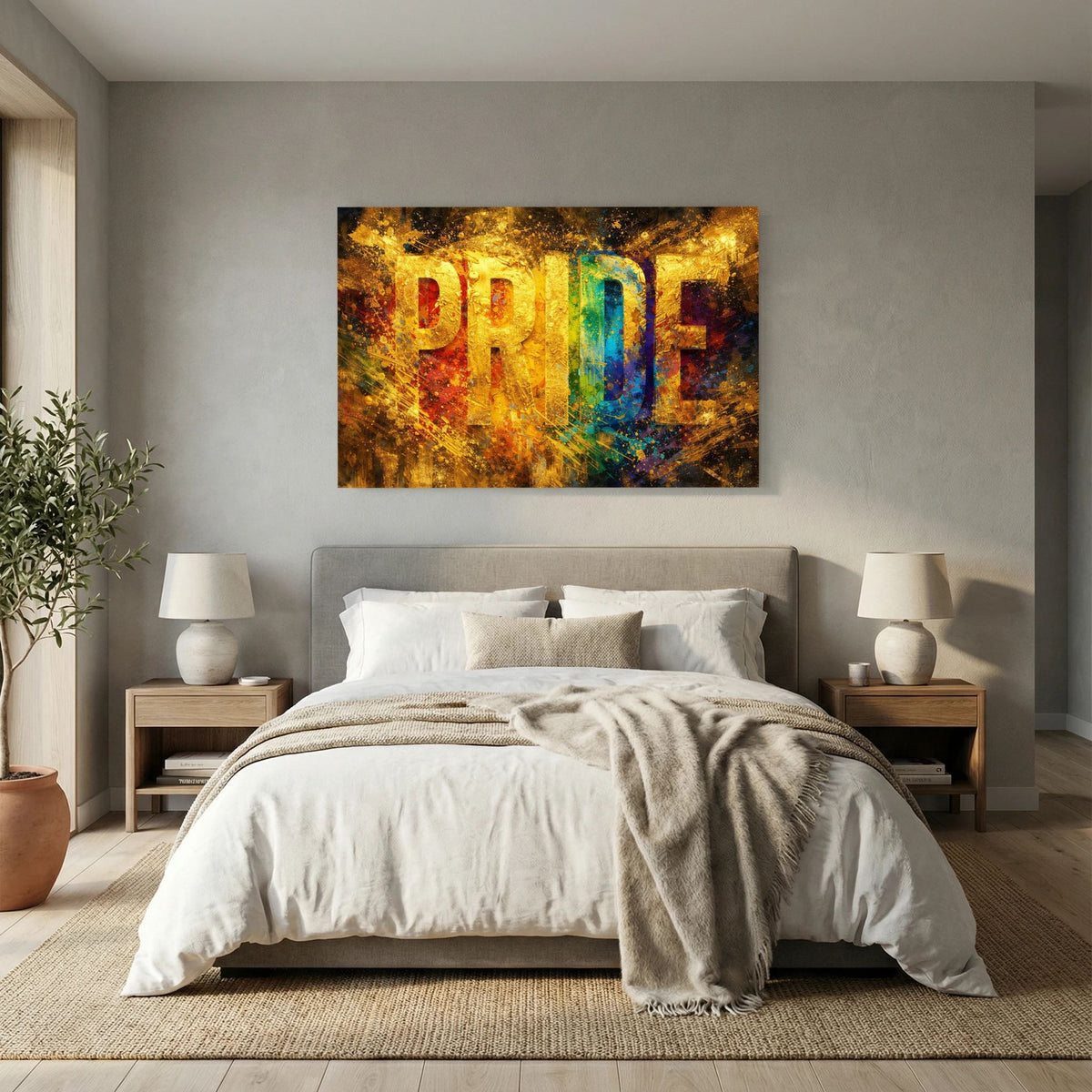 Wandbild im Querformat mit goldfarbenem PRIDE-Schriftzug und bunten Farbflecken