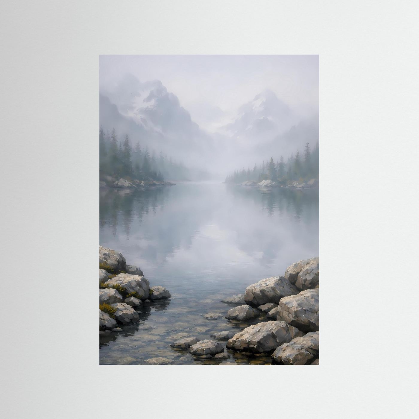 Hochformatiges Naturkunstposter: nebliger Bergsee, Felsen am Ufer, spiegelnde Ruhe