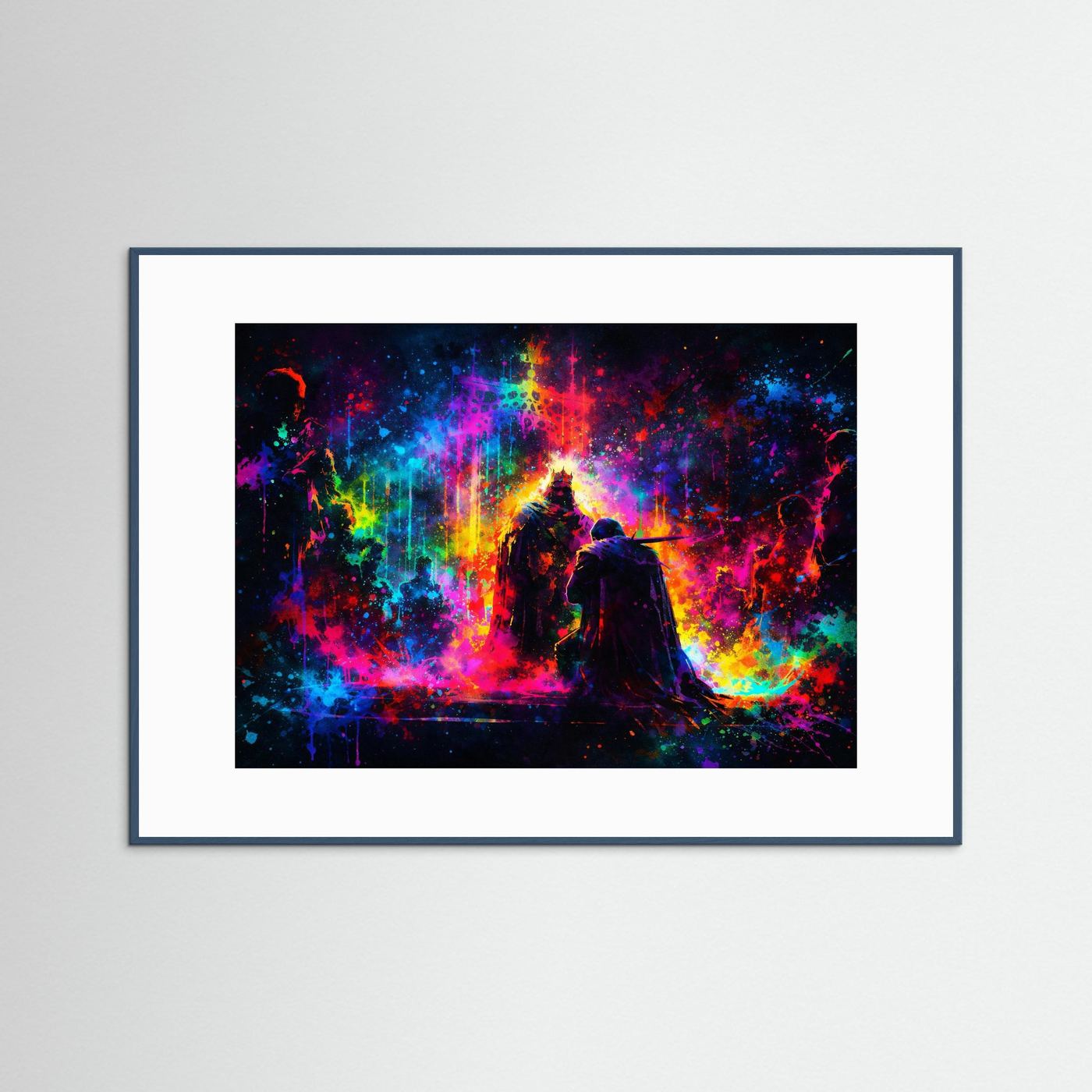 Wandbild mit blauem Rahmen und weißem Passepartout, Königsfigur auf Pferd