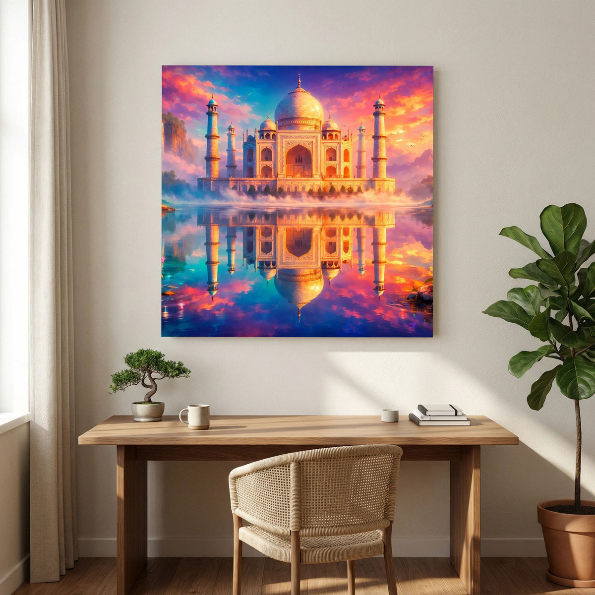 Leinwandbild Taj Mahal an der Wand: goldene Kuppel, Minarette und Spiegelung im Wasser.