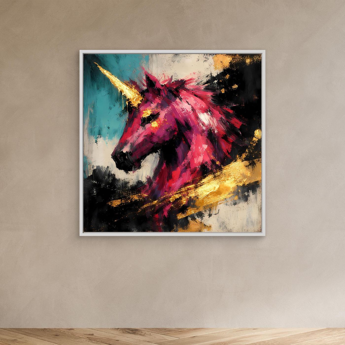 Leinwand-Einhornbild mit pinkem Einhorn, goldenen Akzenten und Pinselstrichen, türkis-schwarz, weiß gerahmt