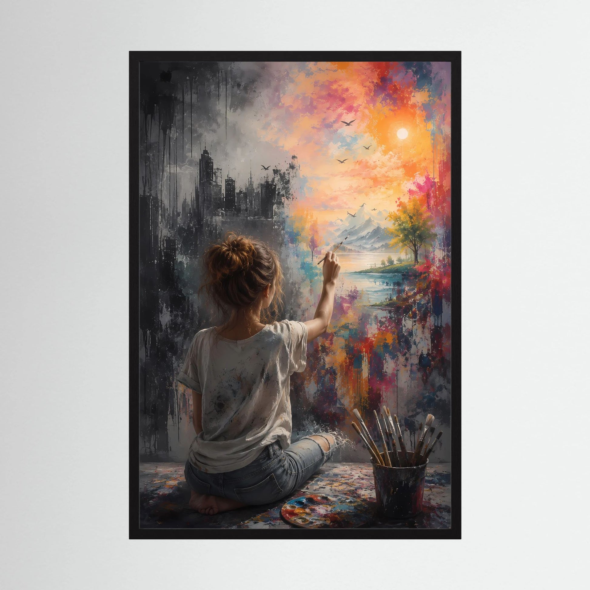 Hochformatiges Poster mit schwarzem Rahmen und Motiv: Frau zwischen Stadt und Natur