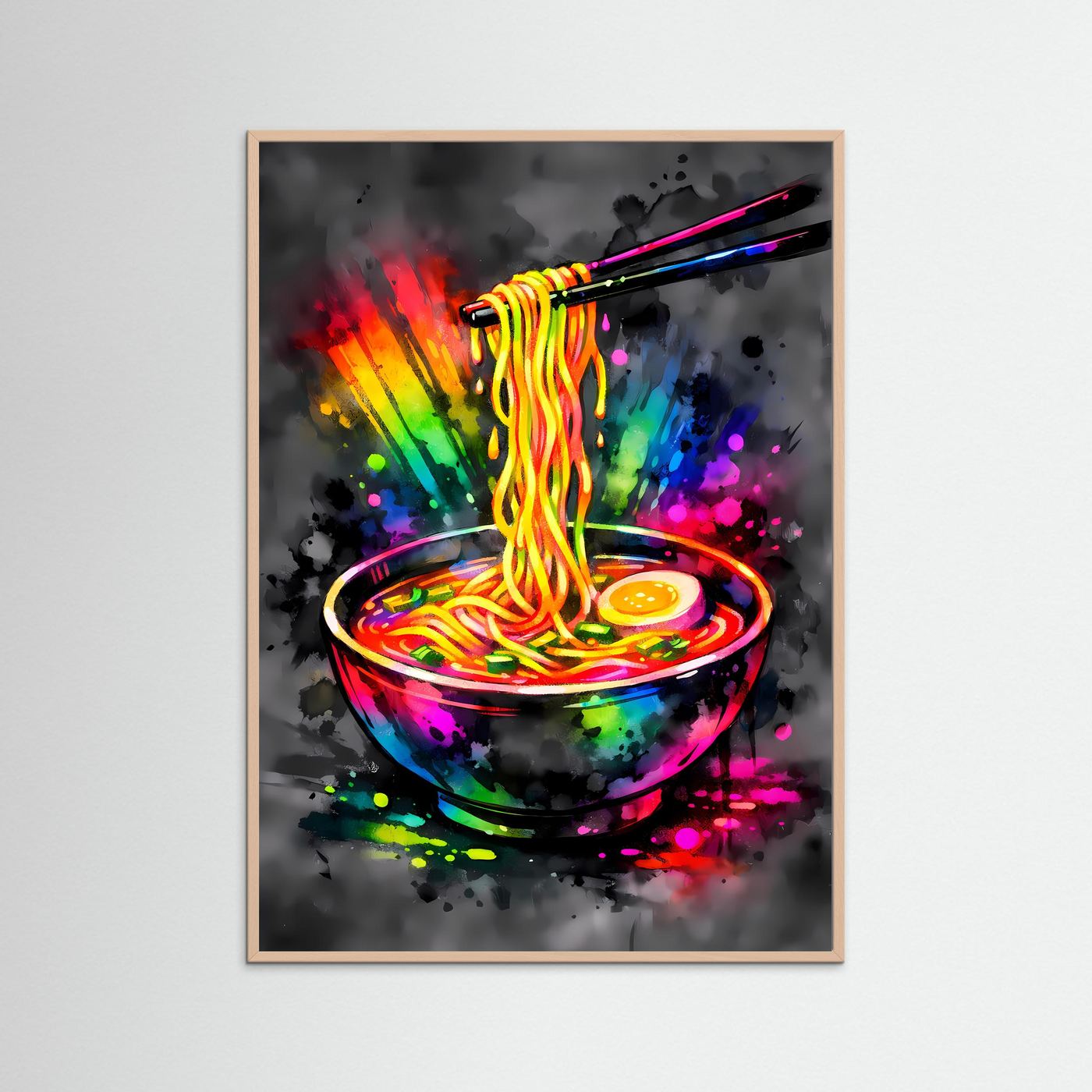 Die Kunst des Genusses | Neon Ramen Poster in Regenbogenfarben & Schwarz | Abstraktes Pop-Art Kunstposter Hochformat