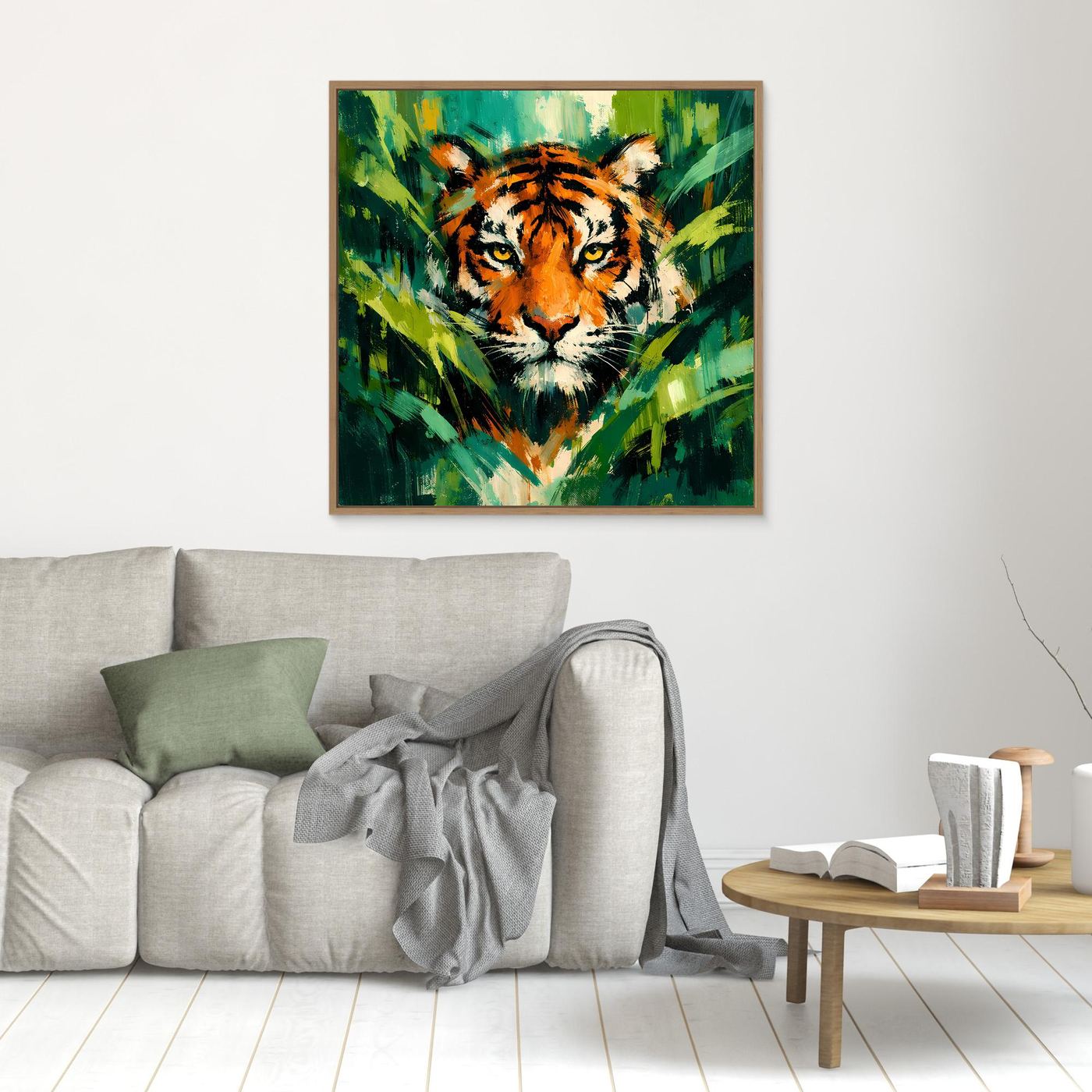 Leinwand Abstraktes Tiger Gemälde | Modernes Wandbild Raubkatze Dschungel Grün Orange