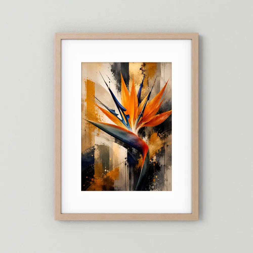 Abstraktes Poster im Hochformat mit hellem Holzrahmen und weißem Rand: orange-blaue Strelitzie