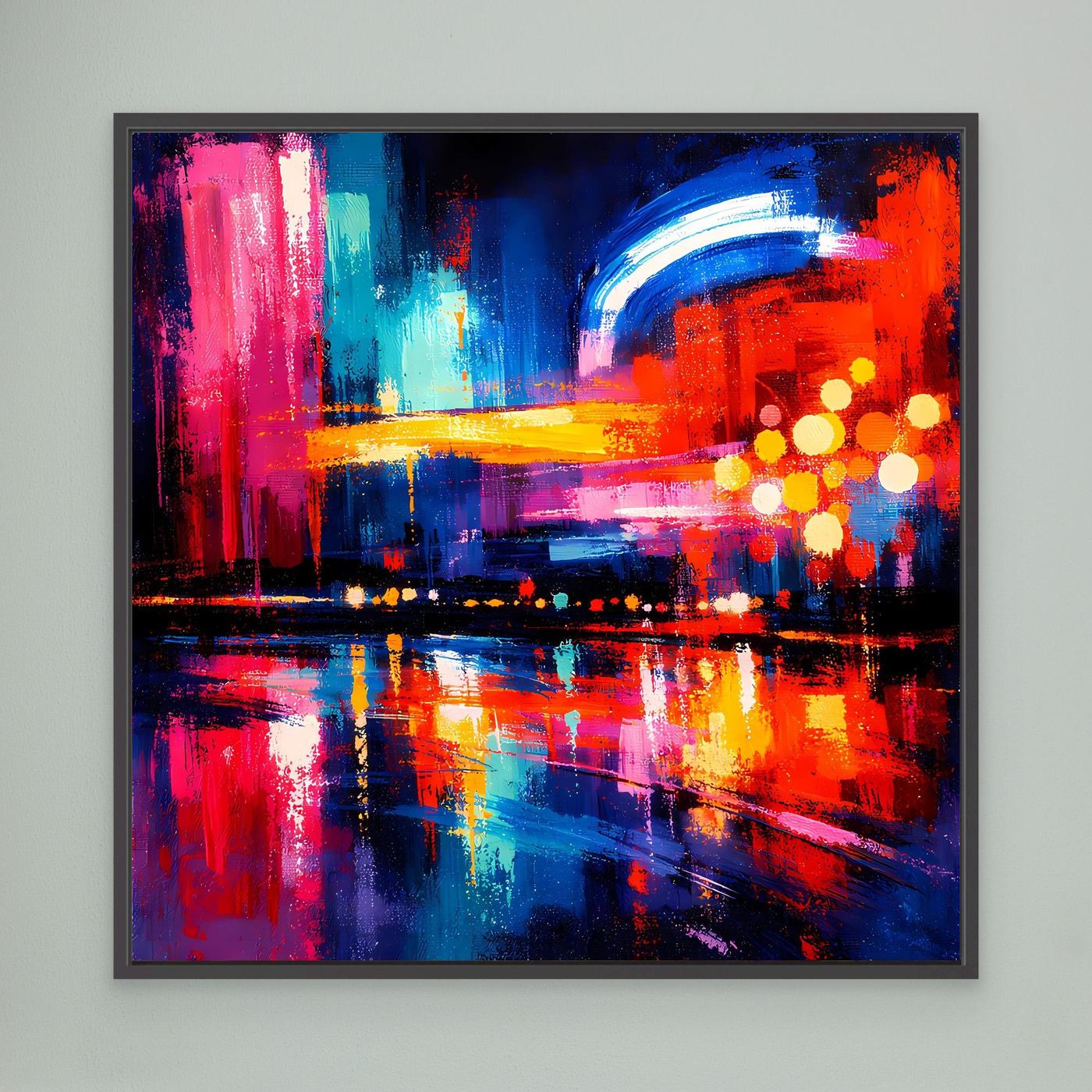 Abstraktes Leinwandbild mit Stadt-Skyline, Neonfarben und Lichtpunkten, dunkel gerahmt