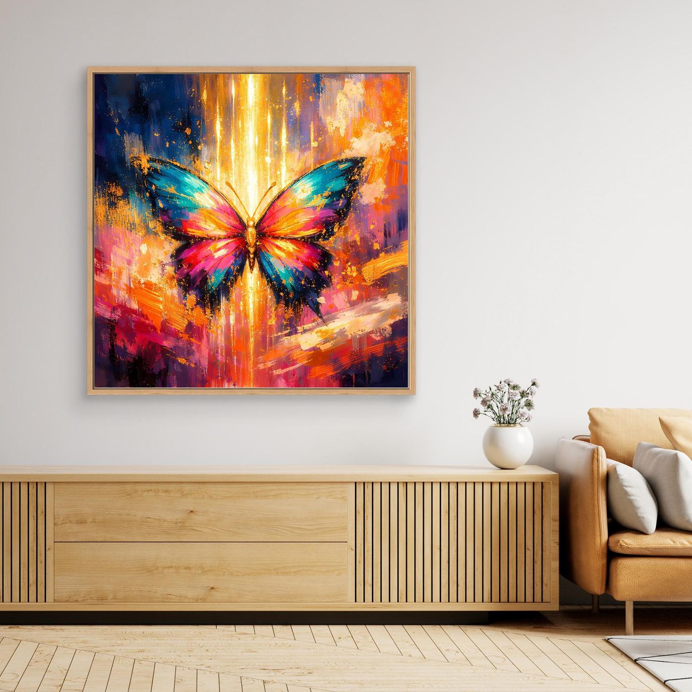 Gerahmtes Leinwandbild (Holzrahmen) mit buntem Schmetterling und goldenen Lichtstrahlen