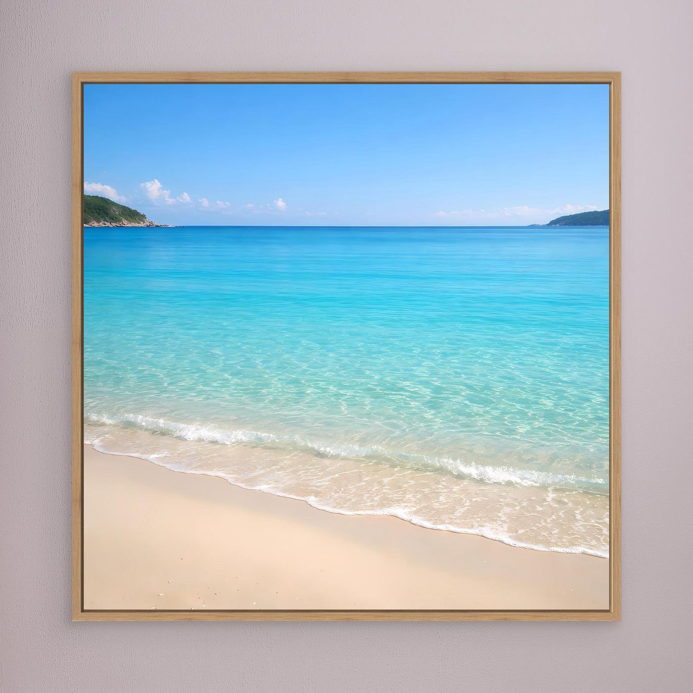 Leinwandbild mit tropischem Strandmotiv, türkisblaues Wasser und weißer Sandstrand, Holzrahmen