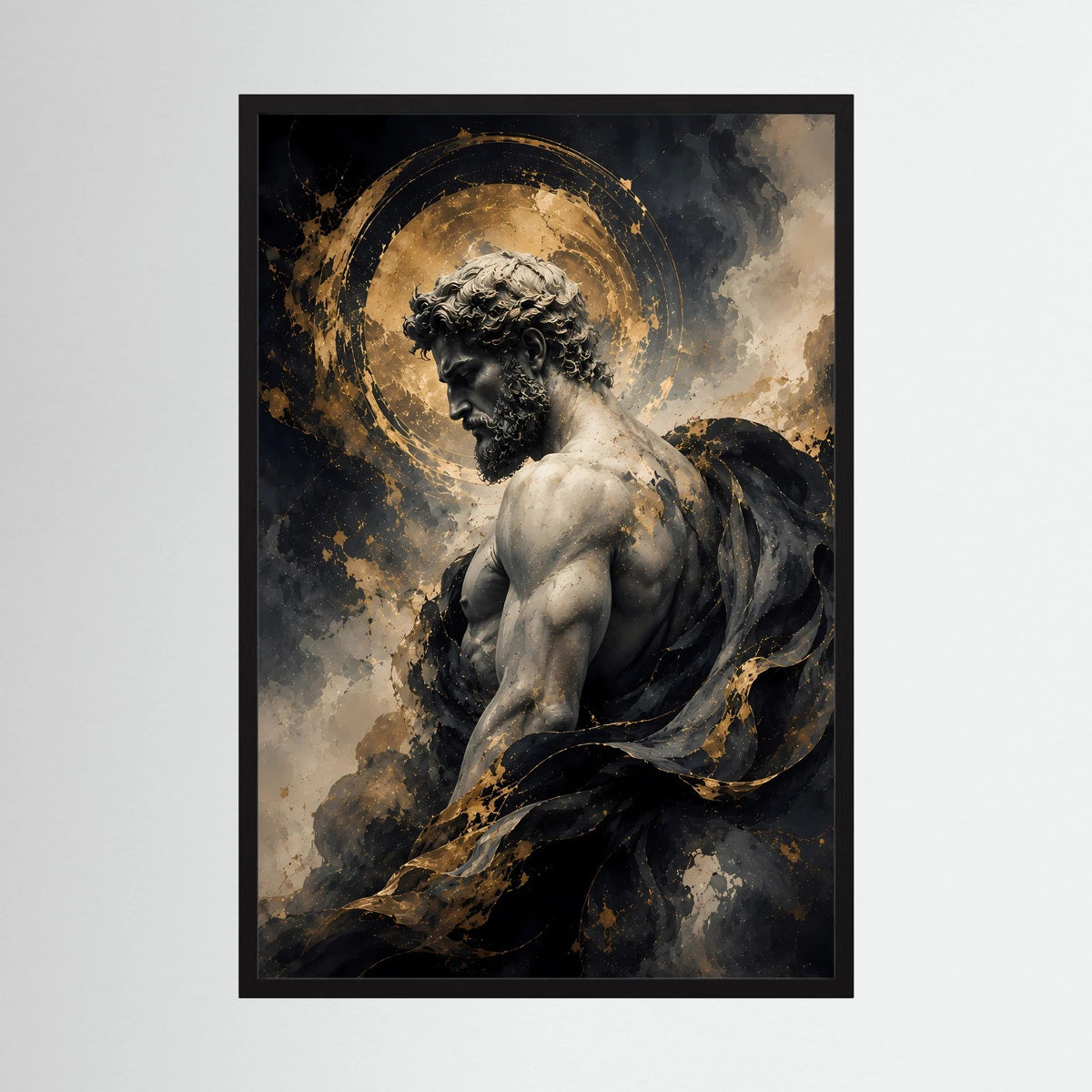 Hochformatiges Kunstposter mit männlicher Statue in Schwarz mit goldenem Heiligenschein.