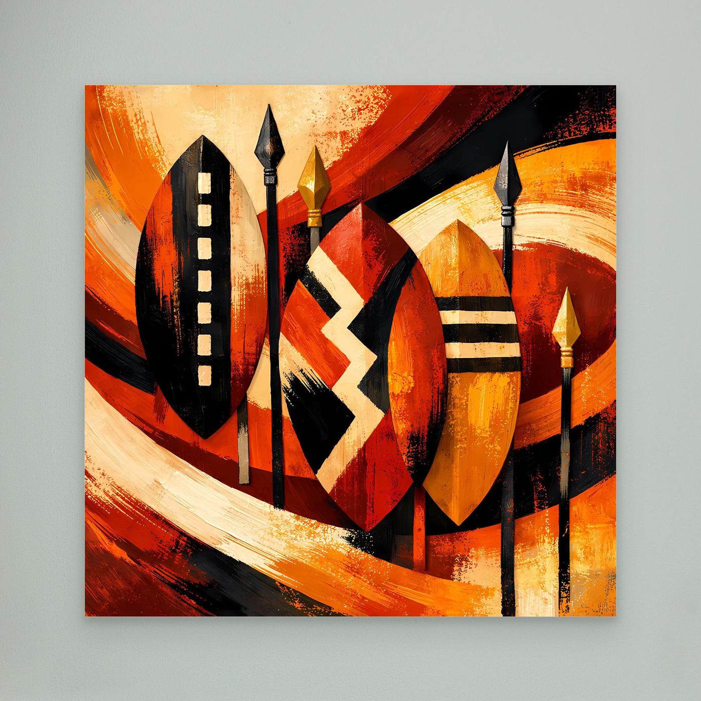 Leinwandbild abstrakte afrikanische Schilde, warme Rot- und Orangetöne, schwarze und goldene Flächen