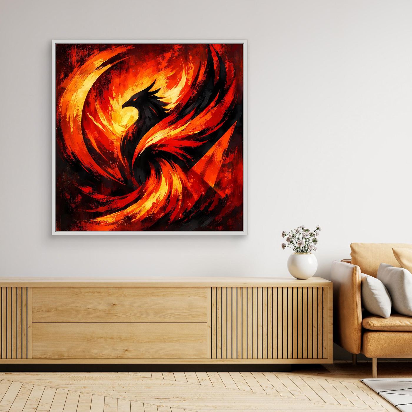Leinwandbild mit Phönix-Motiv in feuerroten Flammen, silberner Rahmen