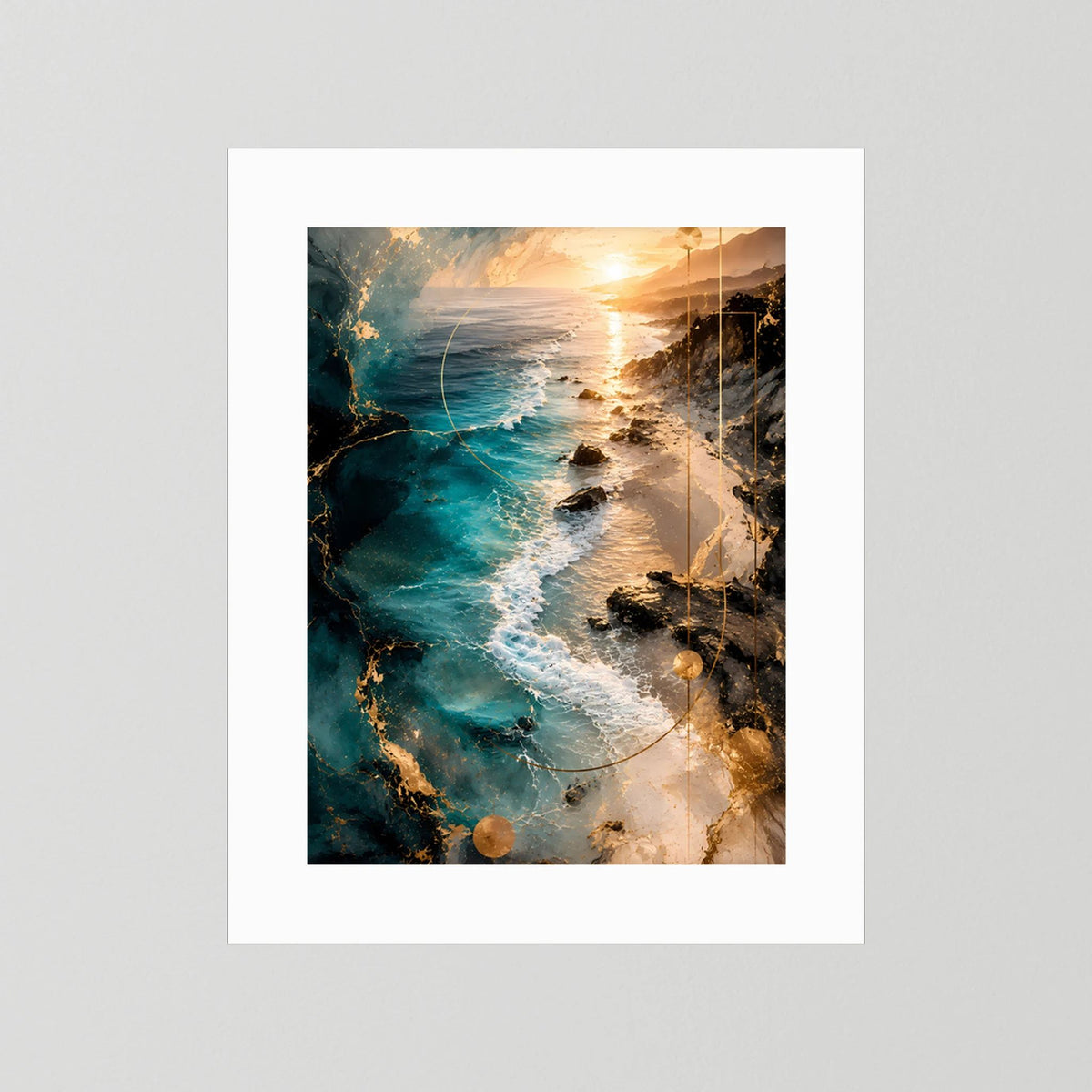 Hochformat-Poster mit weißem Passepartout und abstrakter Küste in Türkis und Gold