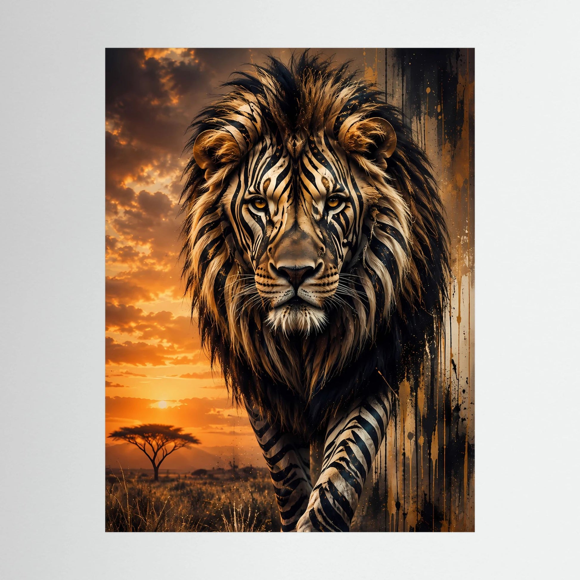 Nahaufnahme: Löwenposter mit Zebramuster im Gesicht, Sonnenuntergang im Hintergrund, schwarz gerahmt
