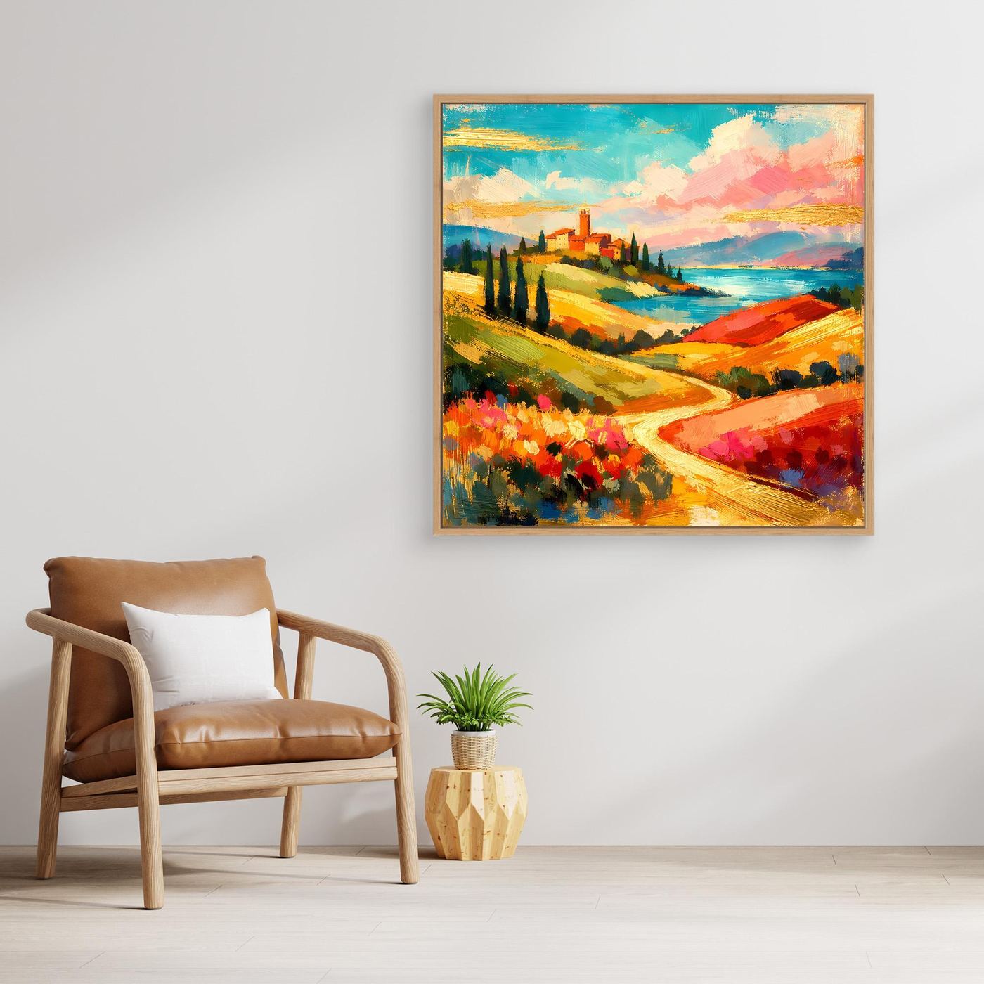 Gerahmtes Leinwandbild mit Toskana-Landschaft, farbigem Hügelweg und Zypressen