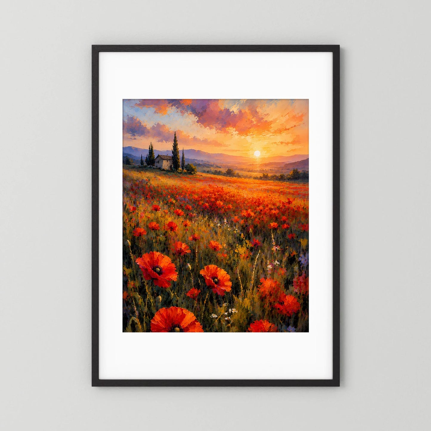 Poster im Hochformat mit schwarzem Rahmen und weißem Rand, Mohnblumenfeld bei Sonnenuntergang