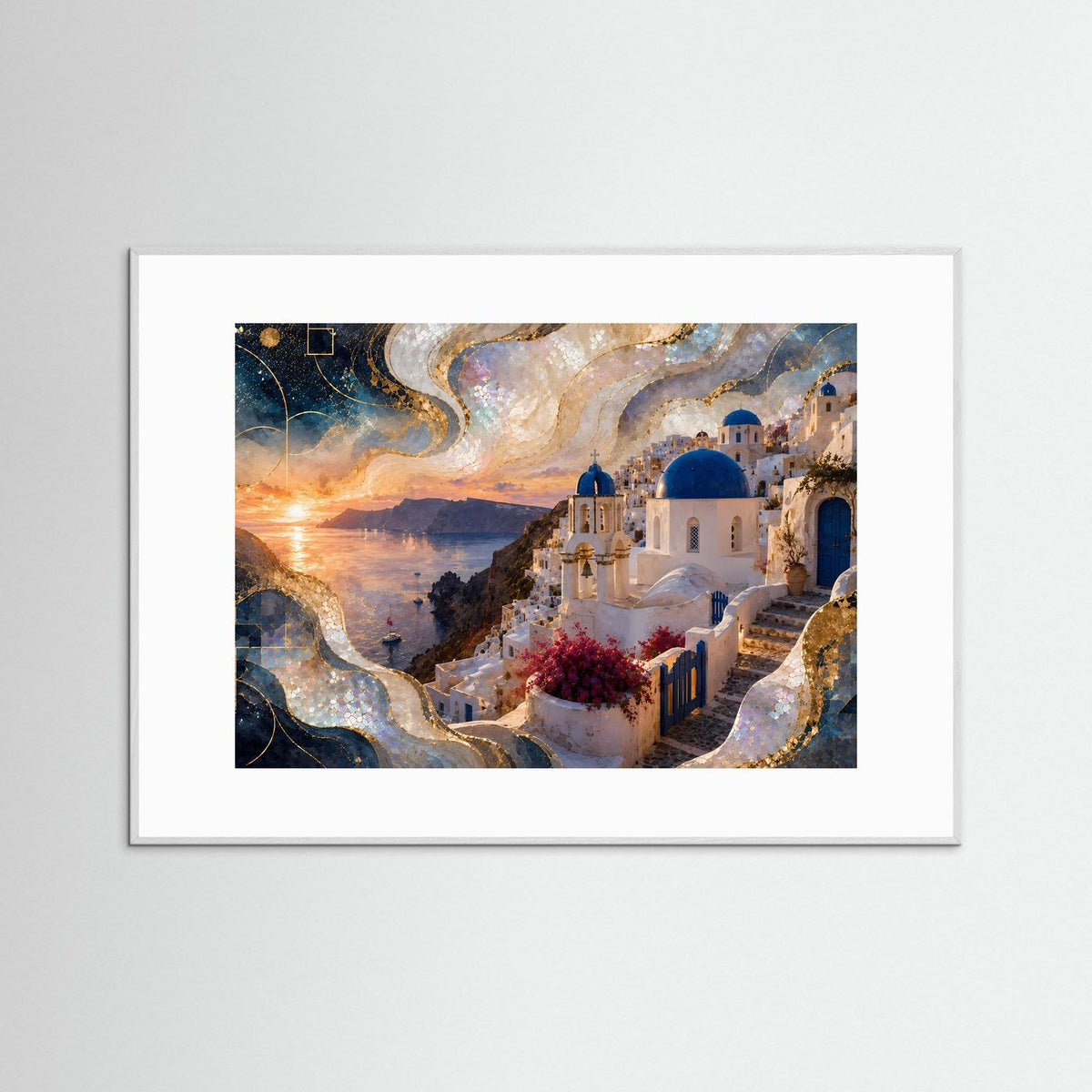 Gerahmtes Poster Querformat mit Santorini bei Nacht: goldene Lichtstrudel, blaue Kuppeln
