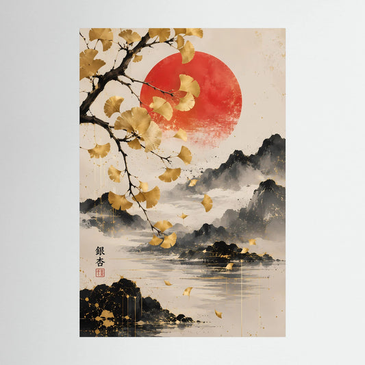 Hochformatiges Poster mit goldenen Ginkgozweigen, roter Sonne, Berg- und Wasserlandschaft