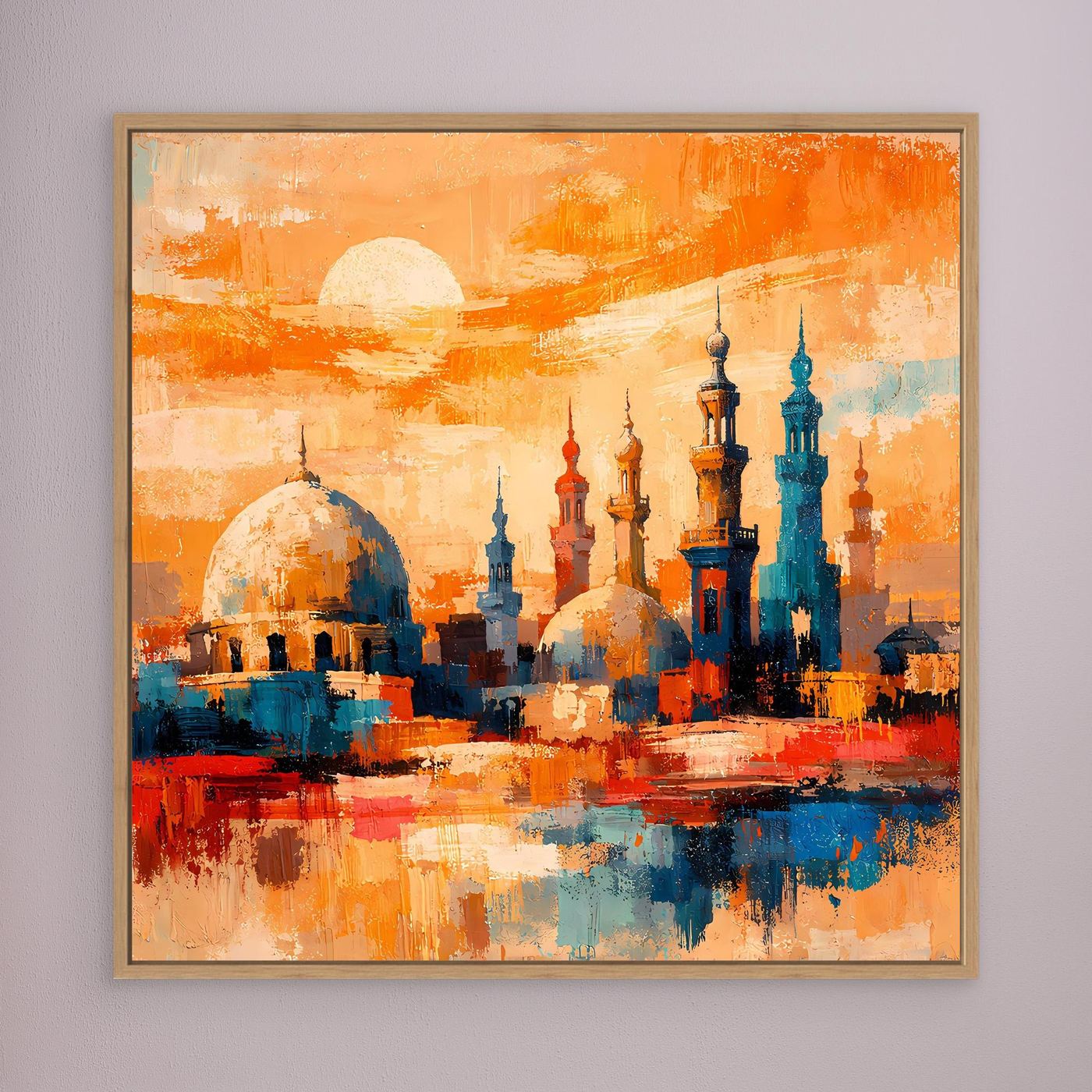 Leinwandbild mit abstrakter Skyline und Minaretten im Sonnenuntergang, braun gerahmt