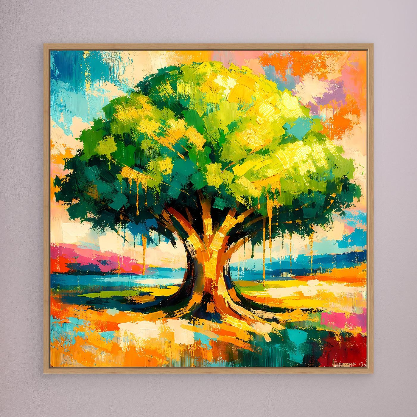 Leinwandbild mit abstraktem Baum im Farbverlauf, Holzrahmen