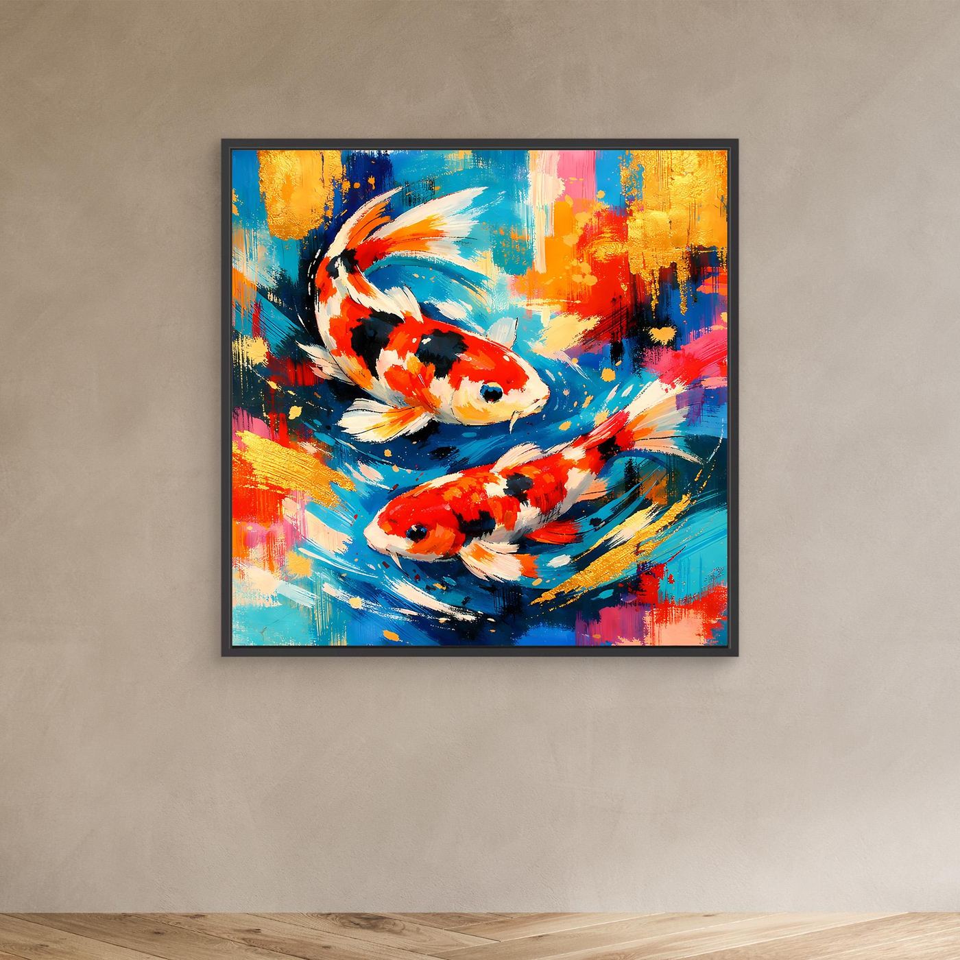 Leinwandbild mit zwei Koi-Fischen in abstraktem Farbdesign, Blau-Rot, schwarzer Rahmen