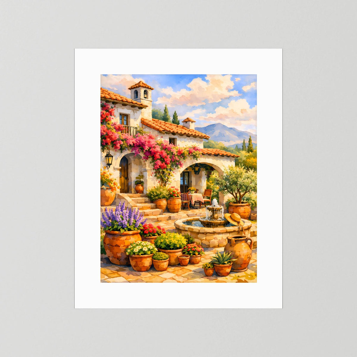 Hochformatiges Kunstposter mit mediterranem Innenhof, Blumen und Brunnen ohne Rahmen