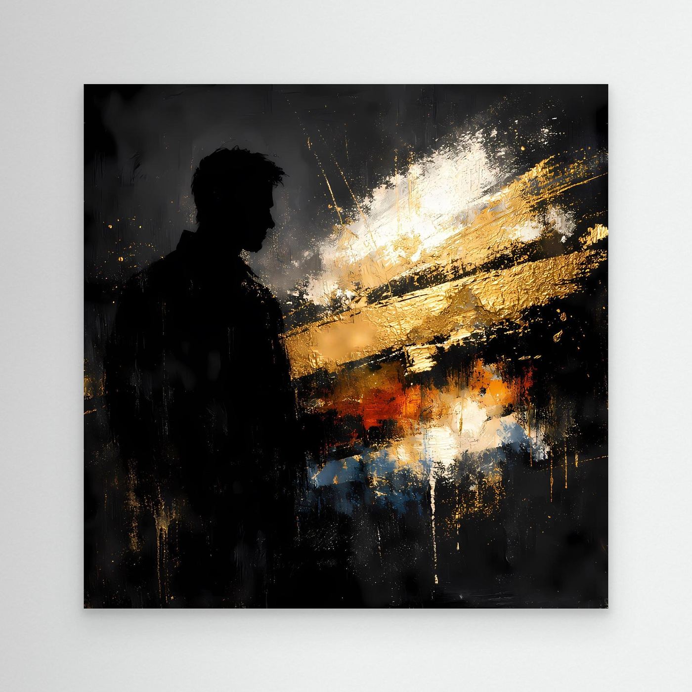 Leinwand Markante Silhouette in Gold und Schwarz | Modernes Abstraktes Männer Portrait Wandbild