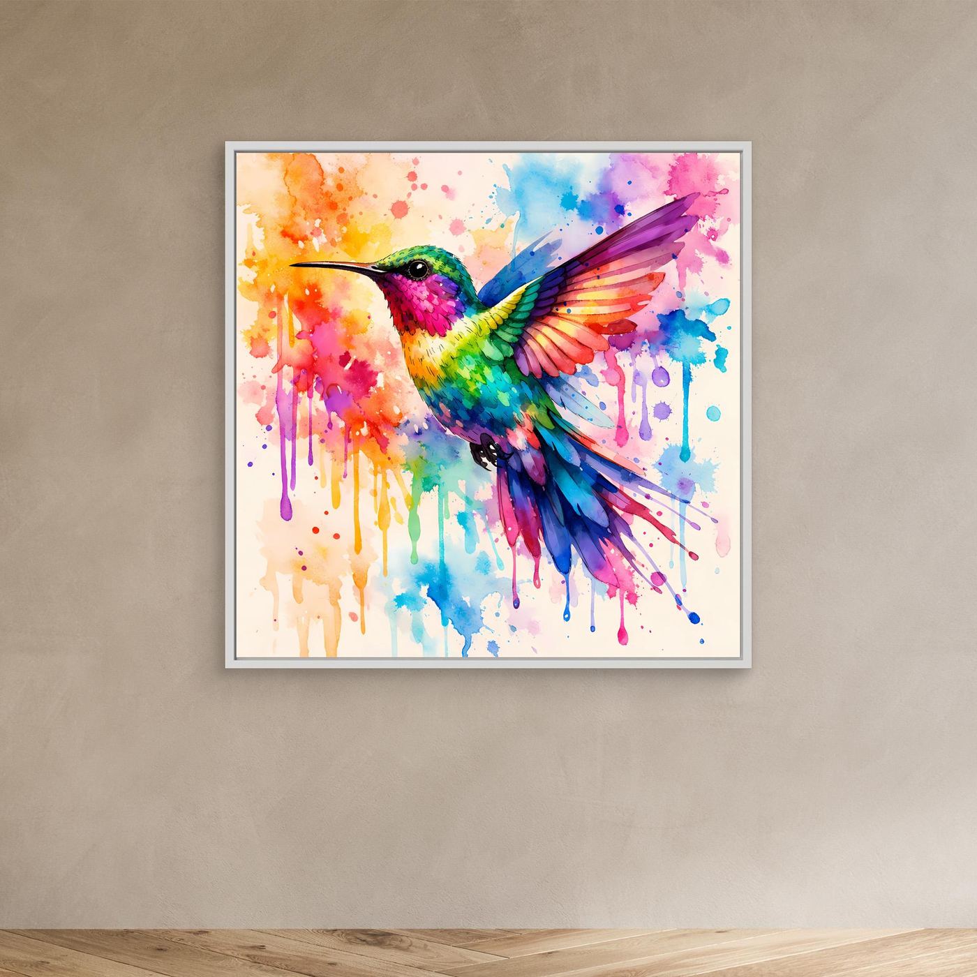Leinwandbild Kolibri im Aquarell, farbenfroher Vogel mit weißem Rahmen
