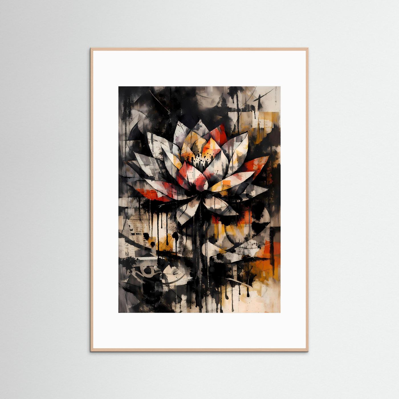 Die Kraft der Reinheit | Abstraktes Lotus Poster in Schwarz, Weiß & warmen Akzenten | Expressives Urban Art Kunstposter Hochformat