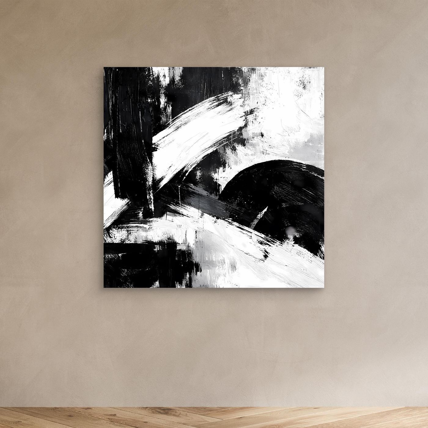 Leinwand-Wandbild mit abstrakten Schwarz-Weiß Pinselstrichen und breiten diagonalen Linien