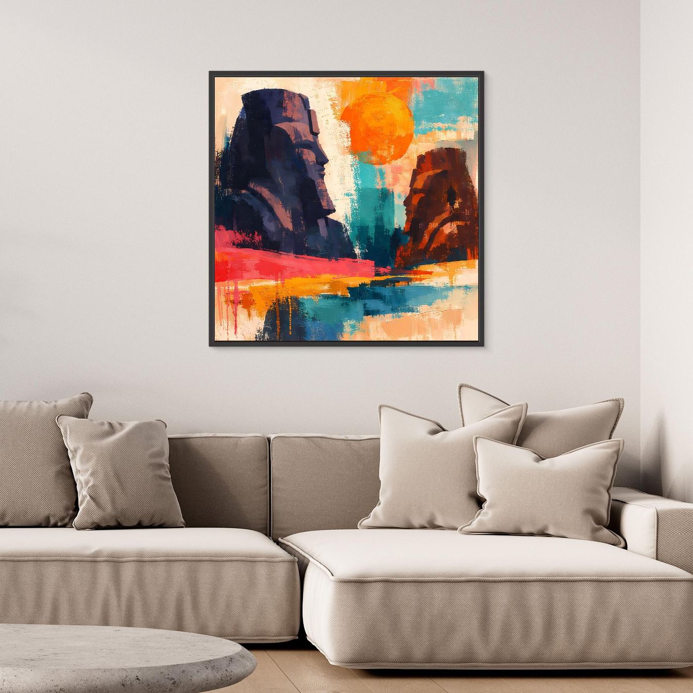 Leinwand-Wandbild mit abstrakten ägyptischen Figuren und dunklem Rahmen
