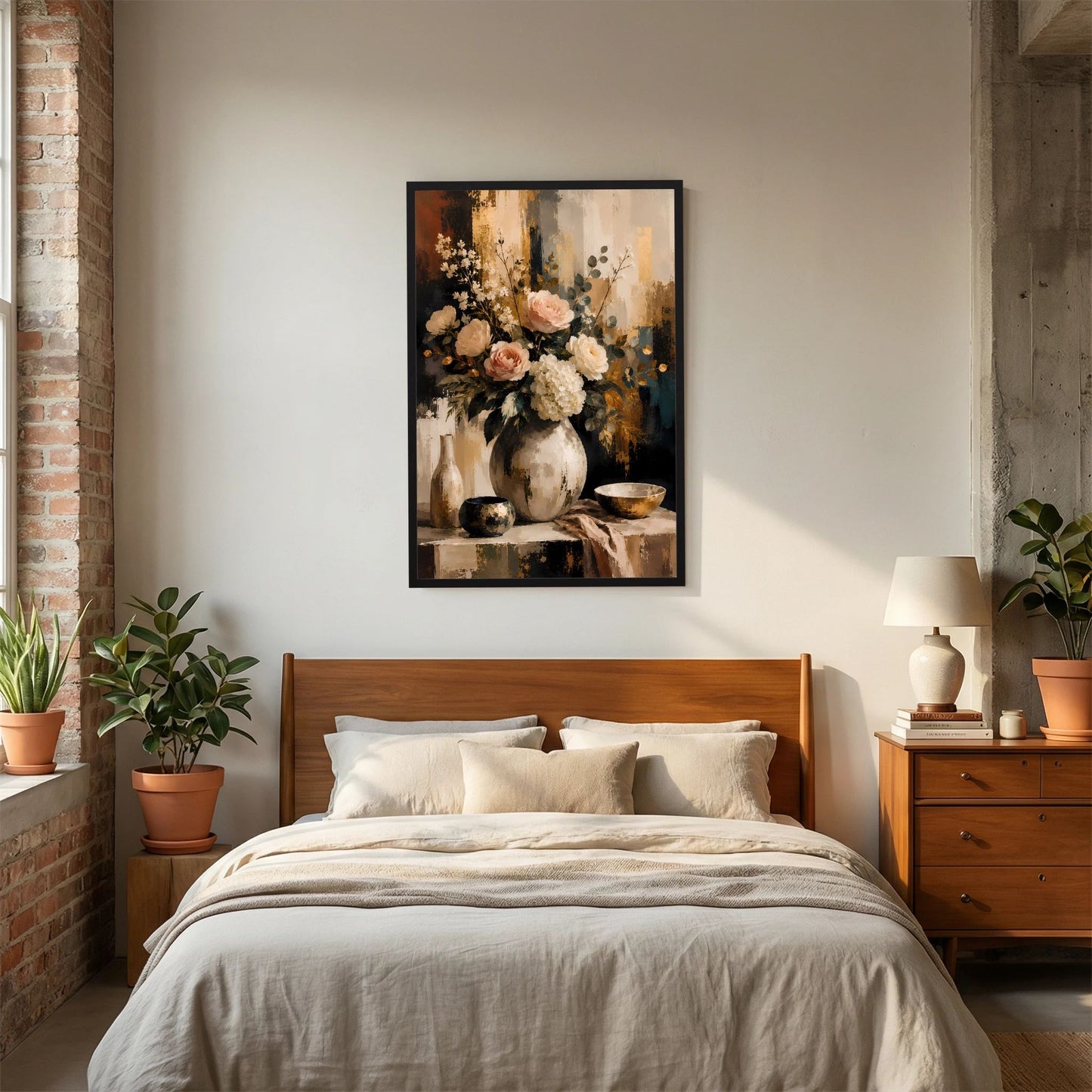 Hochformatiges Blumenstillleben-Poster mit Rosen und Hortensien im schwarzen Rahmen