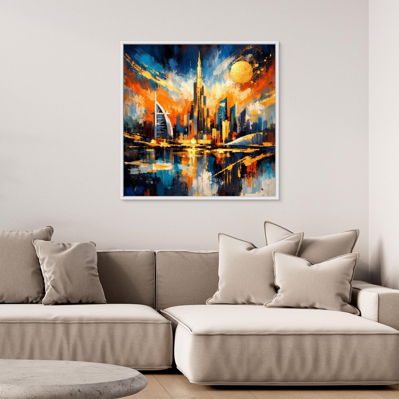 Gerahmtes Leinwandbild mit abstrakter Dubai-Skyline in Blau und Orange, weißer Rahmen.