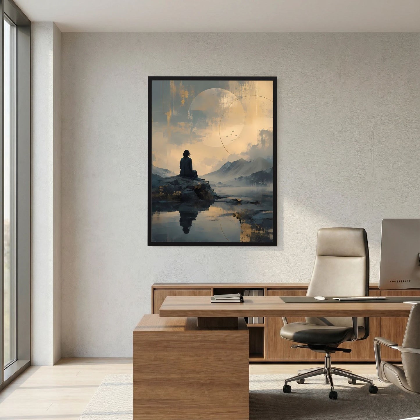 Poster im Hochformat mit meditierender Figur auf Felsen, Spiegelung im See und Berge