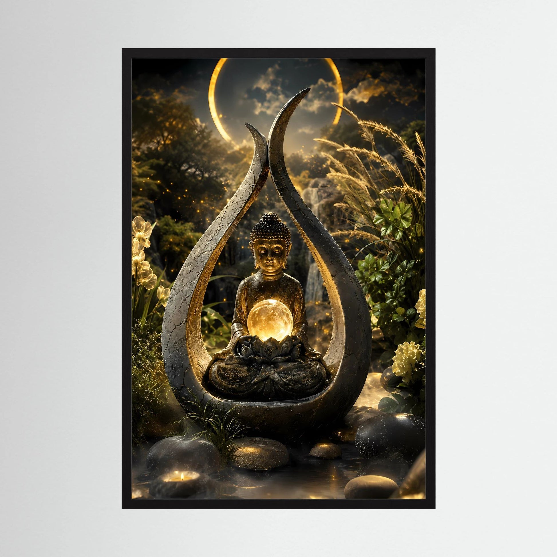 Hochformatiges Kunstposter mit meditiertem Buddha, goldener Lichtkugel im Tropfen-Relief, schwarzer Rahmen