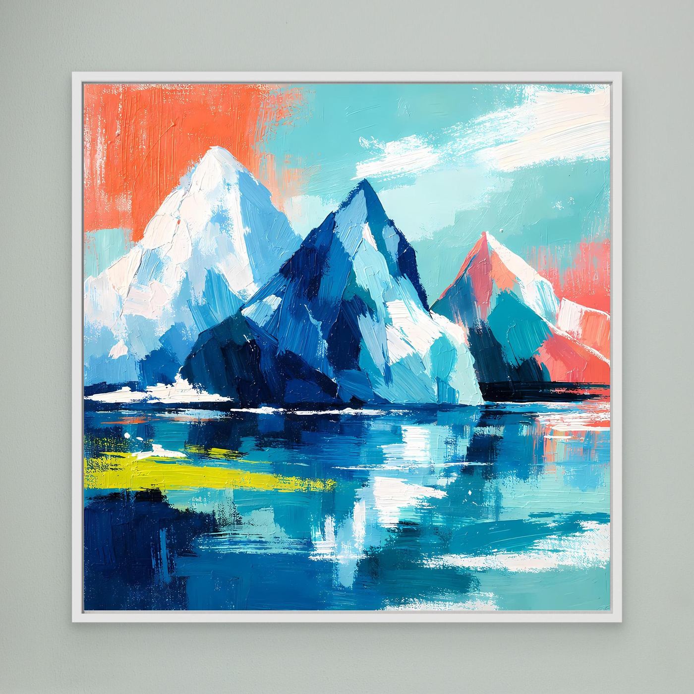 Abstract iceberg and mountain painting with blue sea reflection, white frame