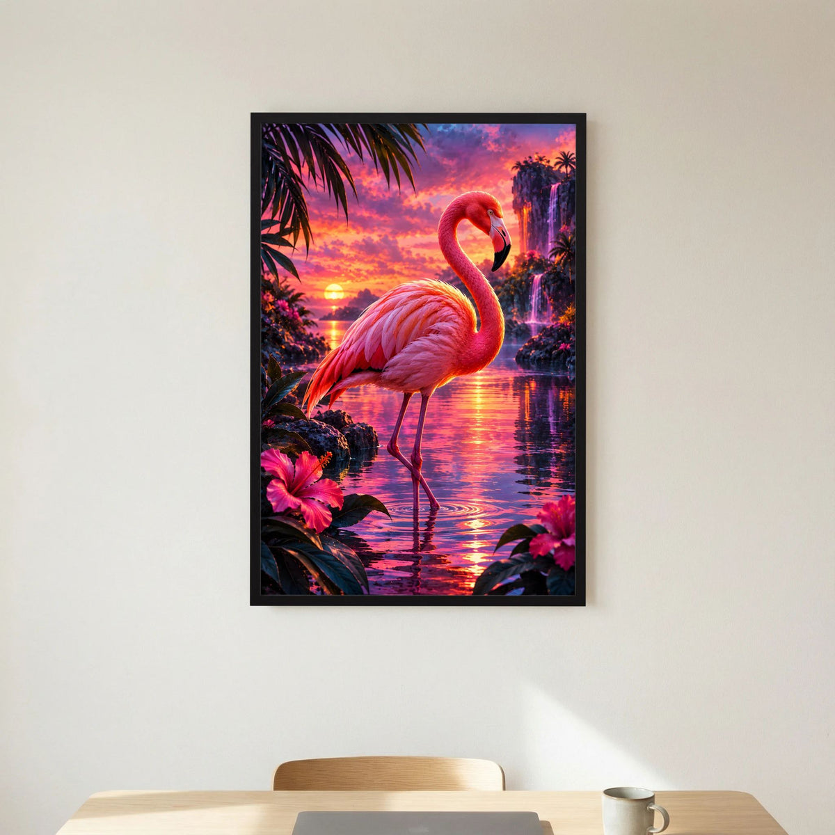 Flamingo-Tierposter im Hochformat mit schwarzem Holzrahmen und Sonnenuntergang