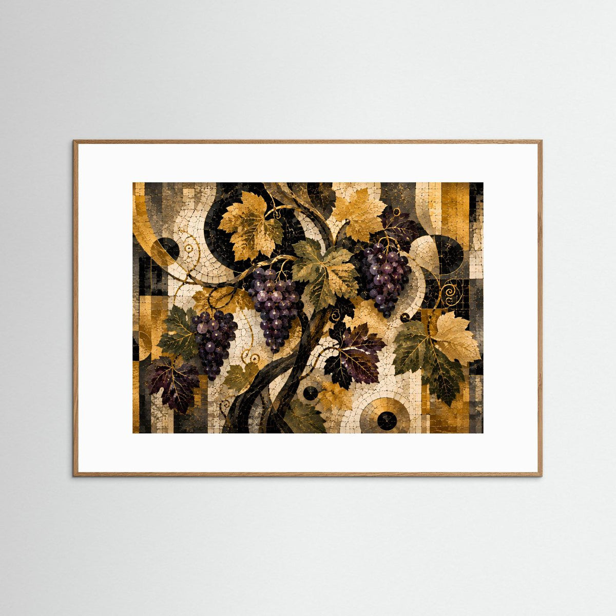 Querformat-Poster mit Weinranke und Trauben-Muster, abstraktes Mosaik in Schwarz, Gold, Creme.